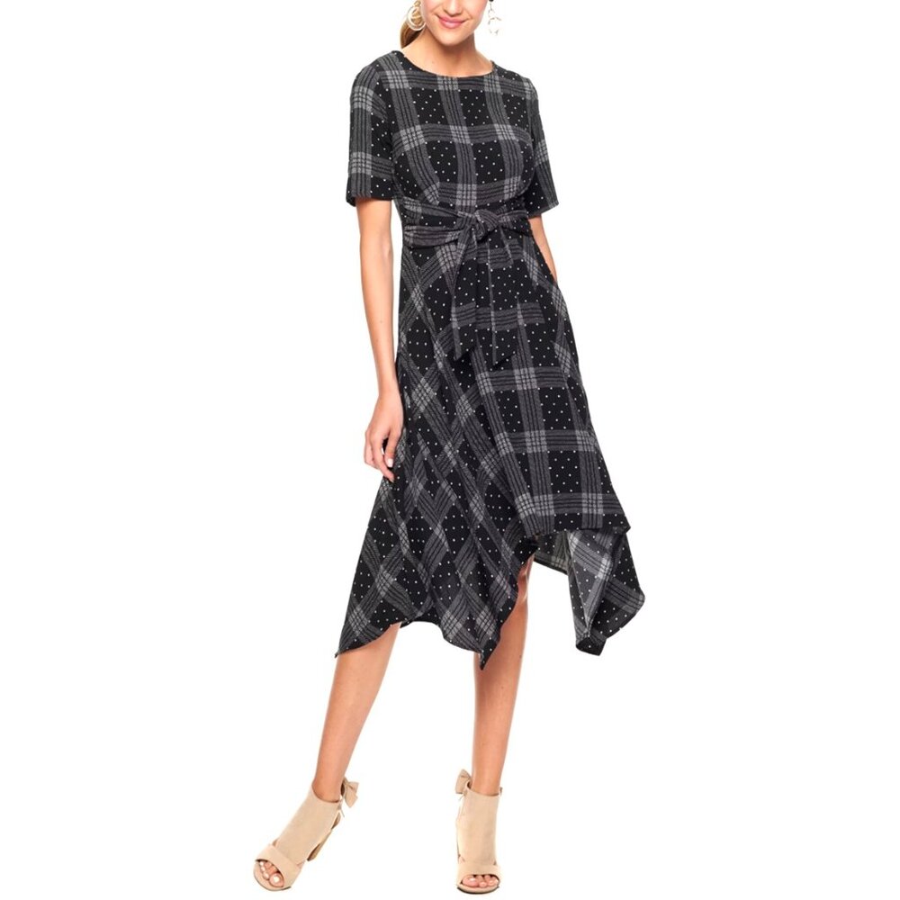 ELLE Handkerchief Dress Plaid Large Boat Neck Black‎ Gray White Belt Tie